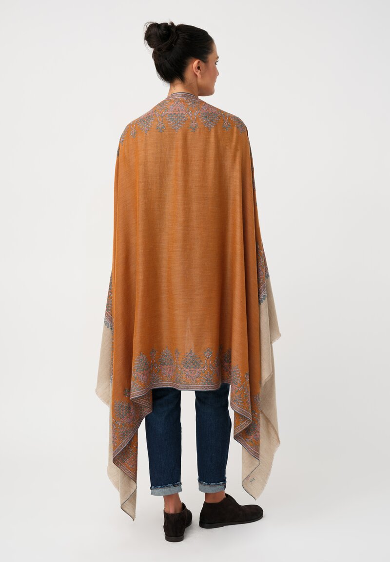 Yaser Shaw Cashmere Kashmiri Embroidered Scarf in Sepia Orange Daisy Bouquets