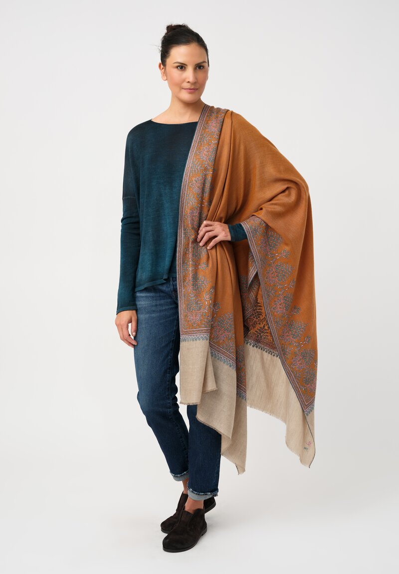 Yaser Shaw Cashmere Kashmiri Embroidered Scarf in Sepia Orange Daisy Bouquets