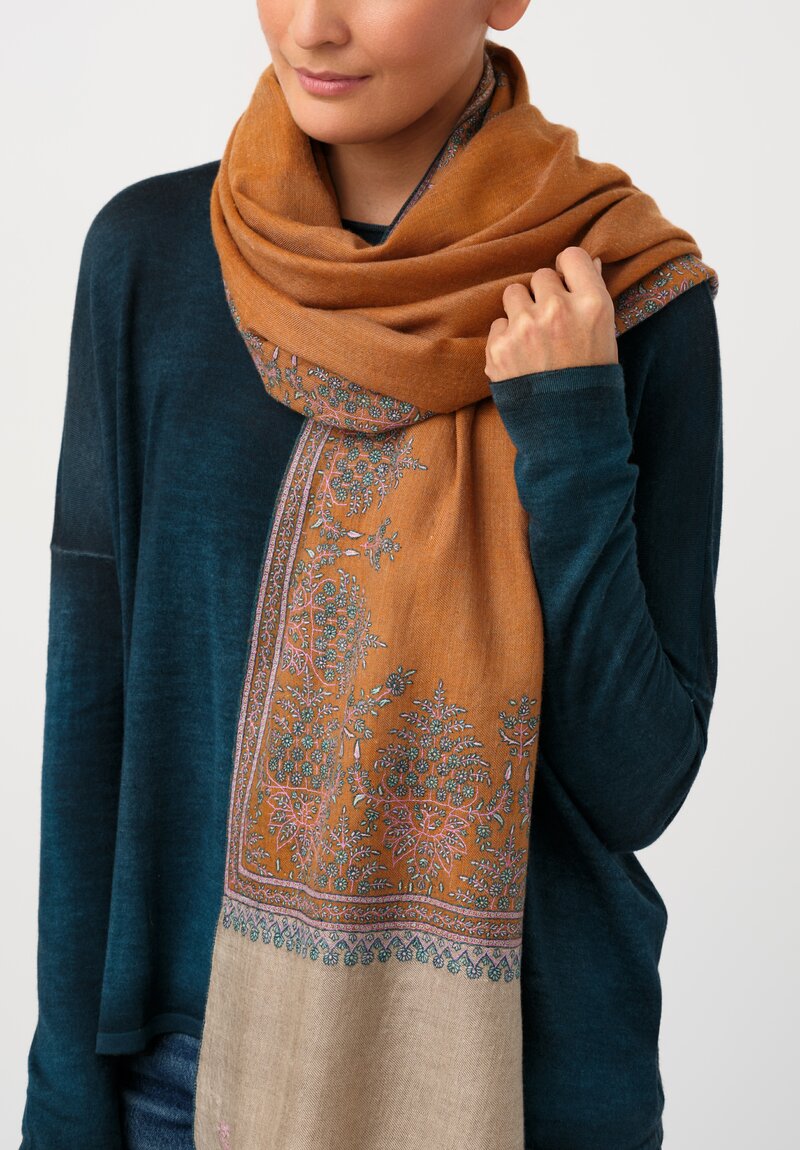 Yaser Shaw Cashmere Kashmiri Embroidered Scarf in Sepia Orange Daisy Bouquets