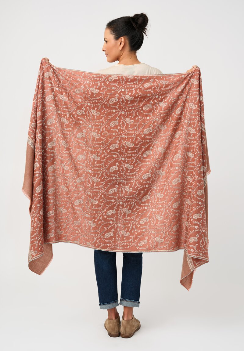 Yaser Shaw Cashmere Kashmiri Embroidered Scarf in Sedona Clay Brown & Paisley Heart Vine Forest