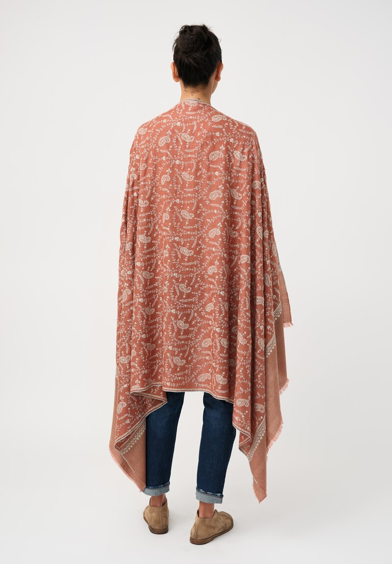 Yaser Shaw Cashmere Kashmiri Embroidered Scarf in Sedona Clay Brown & Paisley Heart Vine Forest