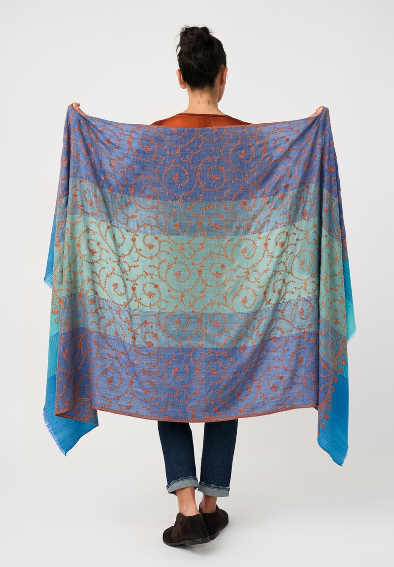 Yaser Shaw Cashmere Kashmiri Embroidered Scarf in Cerulean & Aquamarine Blue with Paisley Vine Swirls
