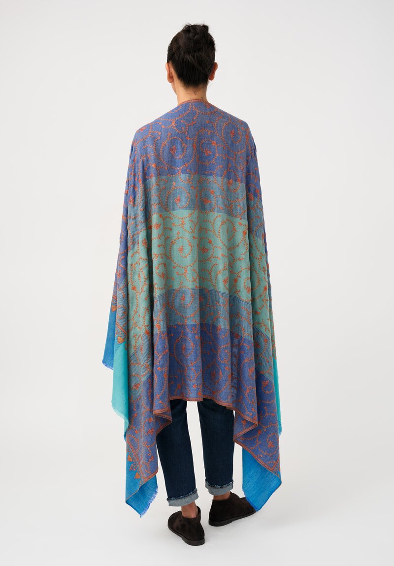 Yaser Shaw Cashmere Kashmiri Embroidered Scarf in Cerulean & Aquamarine Blue with Paisley Vine Swirls