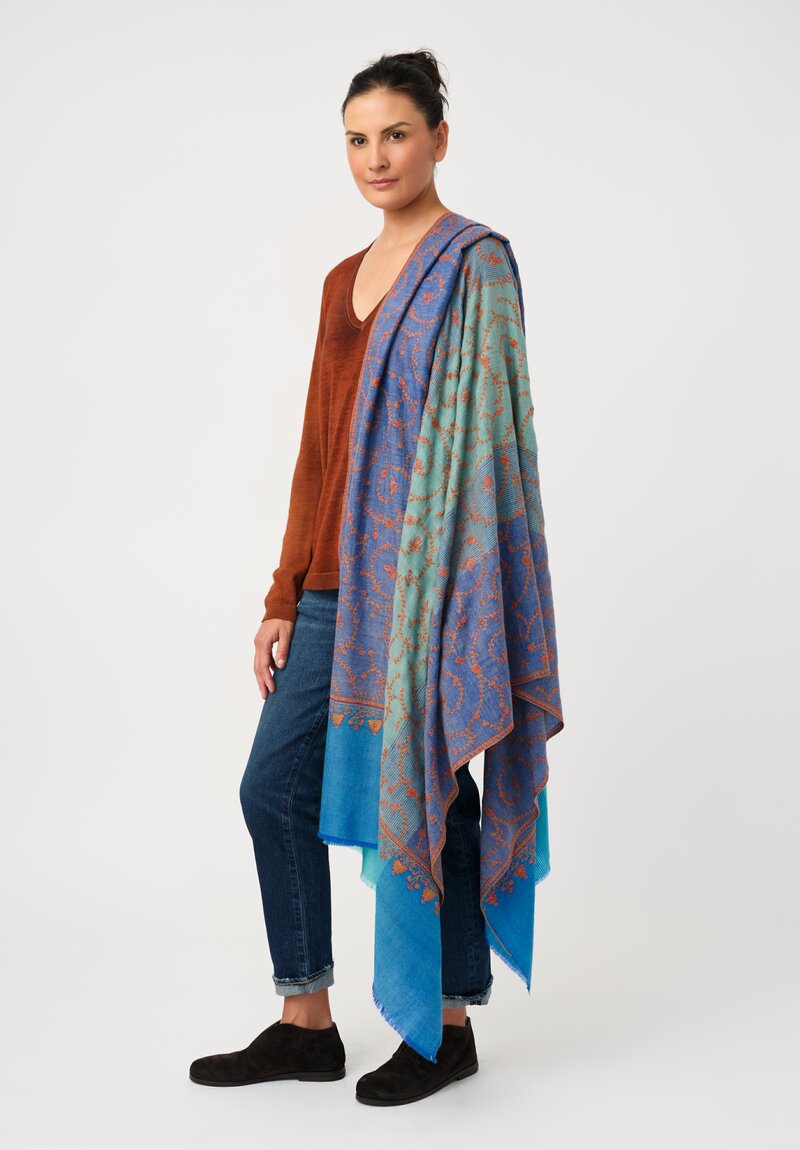 Yaser Shaw Cashmere Kashmiri Embroidered Scarf in Cerulean & Aquamarine Blue with Paisley Vine Swirls