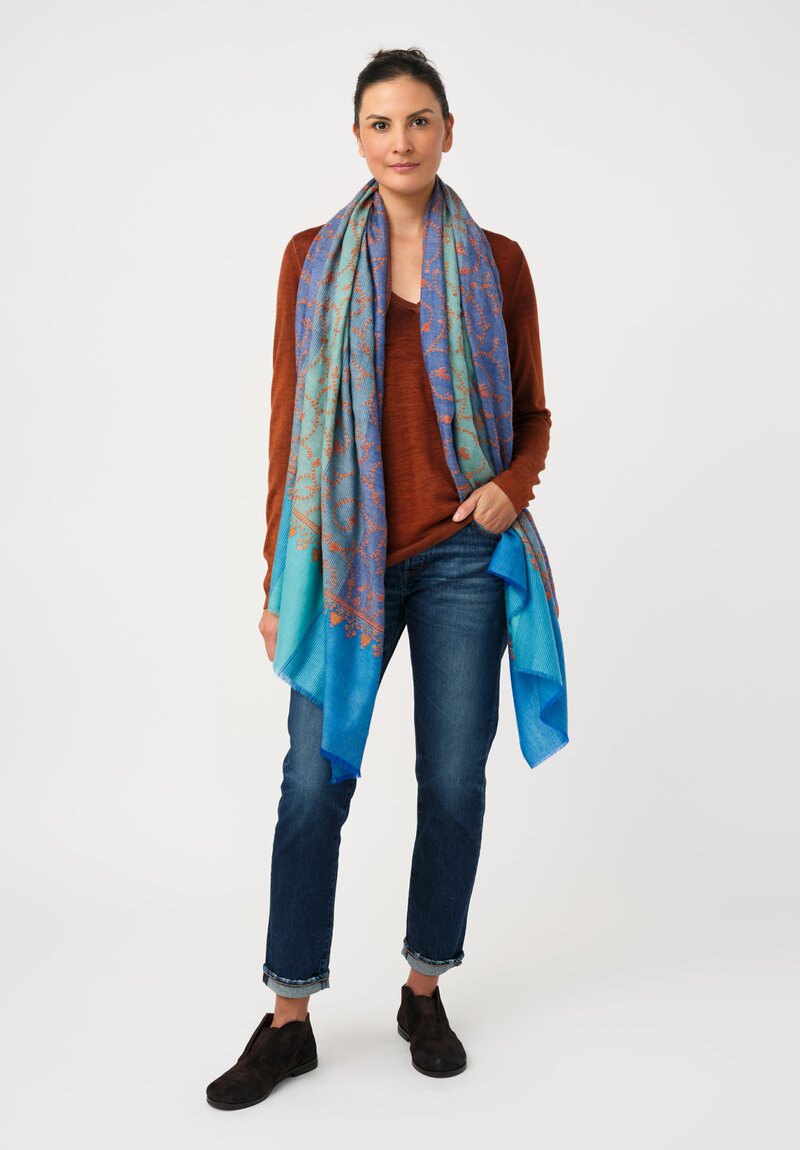 Yaser Shaw Cashmere Kashmiri Embroidered Scarf in Cerulean & Aquamarine Blue with Paisley Vine Swirls