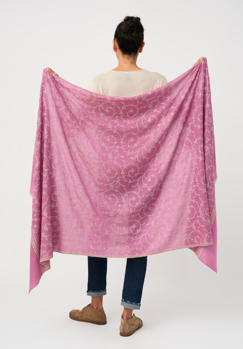 Yaser Shaw Cashmere Kashmiri Embroidered Scarf in Thulian Pink & Paisley Vine Swirls