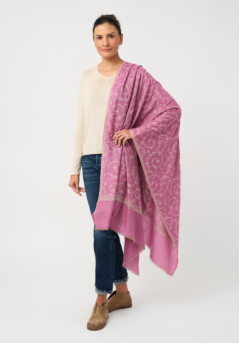 Yaser Shaw Cashmere Kashmiri Embroidered Scarf in Thulian Pink & Paisley Vine Swirls