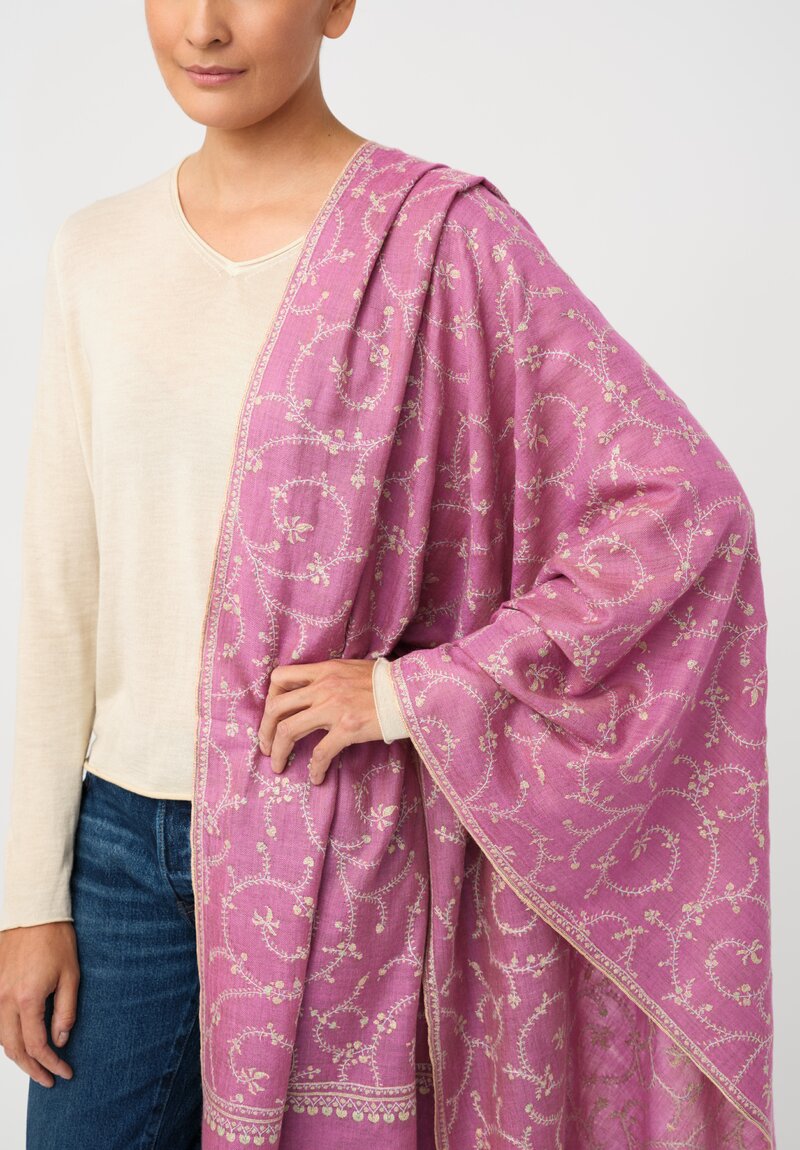 Yaser Shaw Cashmere Kashmiri Embroidered Scarf in Thulian Pink & Paisley Vine Swirls