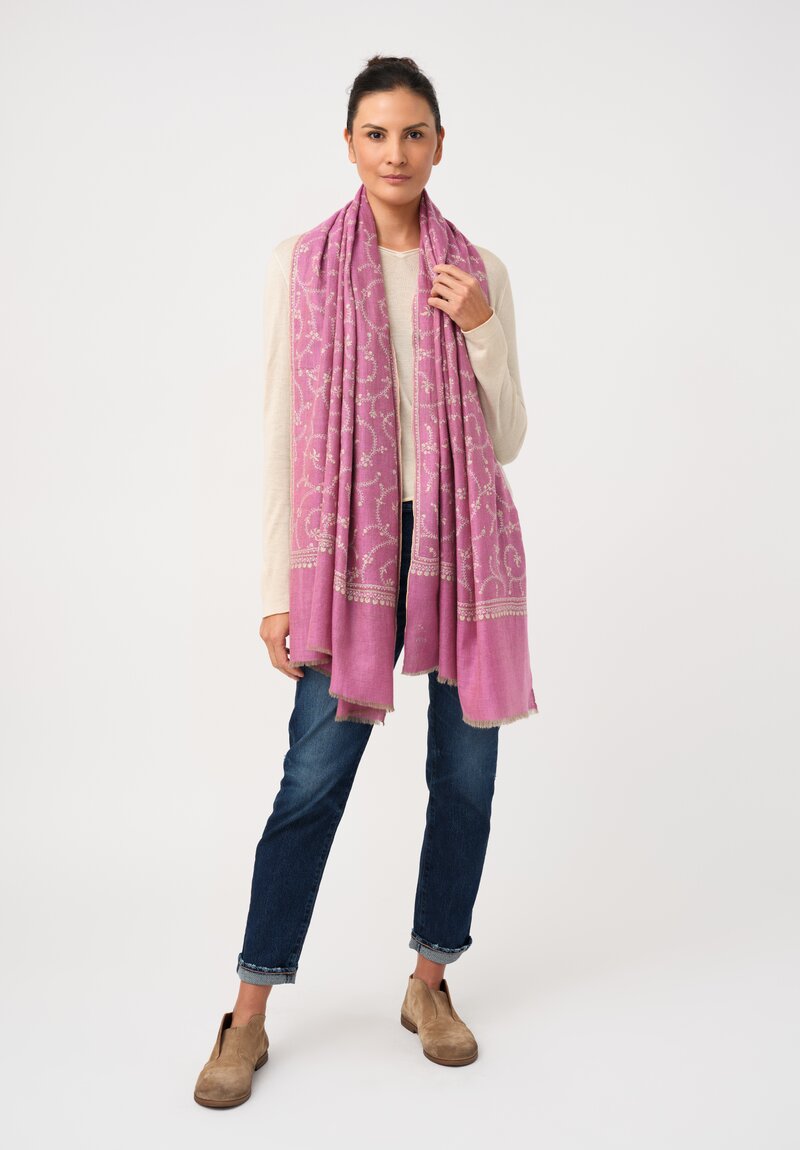 Yaser Shaw Cashmere Kashmiri Embroidered Scarf in Thulian Pink & Paisley Vine Swirls