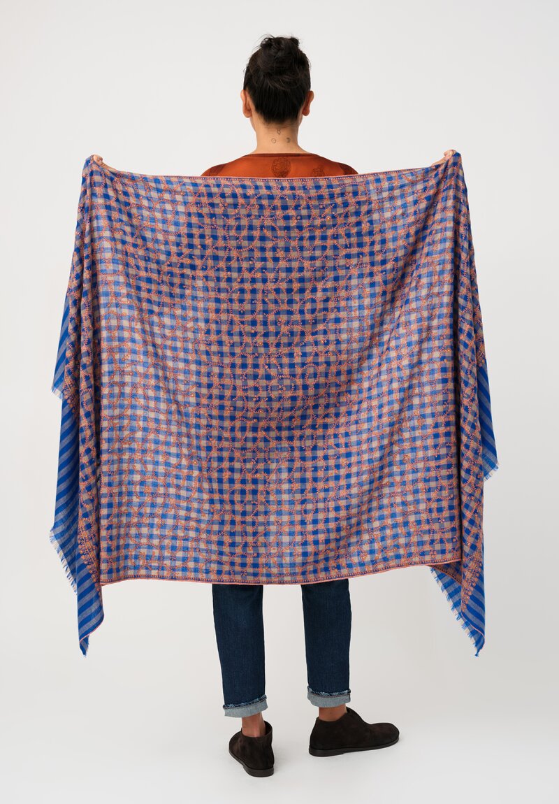 Yaser Shaw Cashmere Kashmiri Embroidered Scarf in Royal Blue Gingham with Paisley Vine Forest