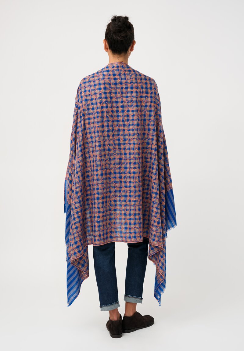 Yaser Shaw Cashmere Kashmiri Embroidered Scarf in Royal Blue Gingham with Paisley Vine Forest