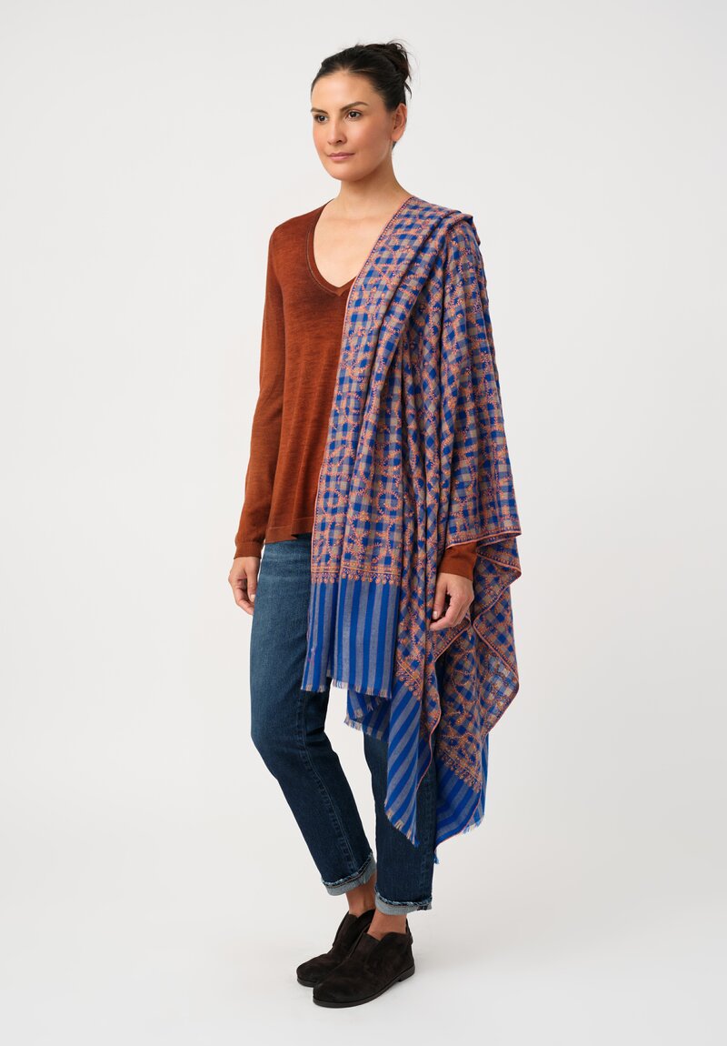Yaser Shaw Cashmere Kashmiri Embroidered Scarf in Royal Blue Gingham with Paisley Vine Forest