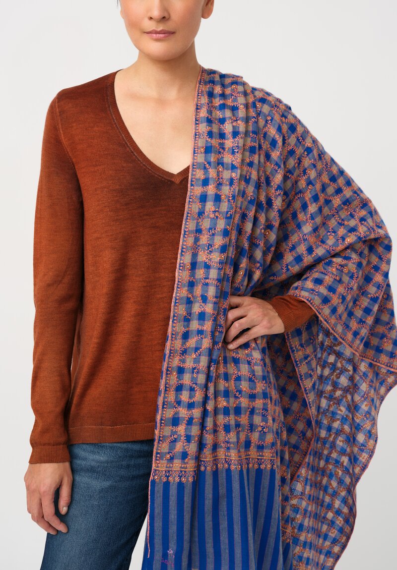 Yaser Shaw Cashmere Kashmiri Embroidered Scarf in Royal Blue Gingham with Paisley Vine Forest