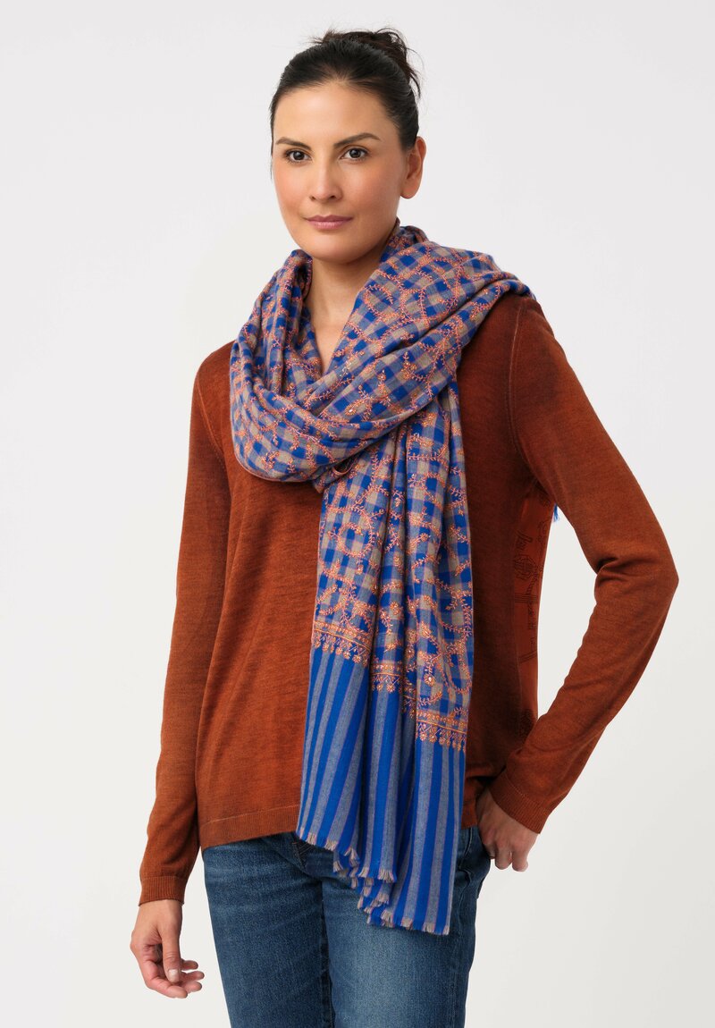 Yaser Shaw Cashmere Kashmiri Embroidered Scarf in Royal Blue Gingham with Paisley Vine Forest