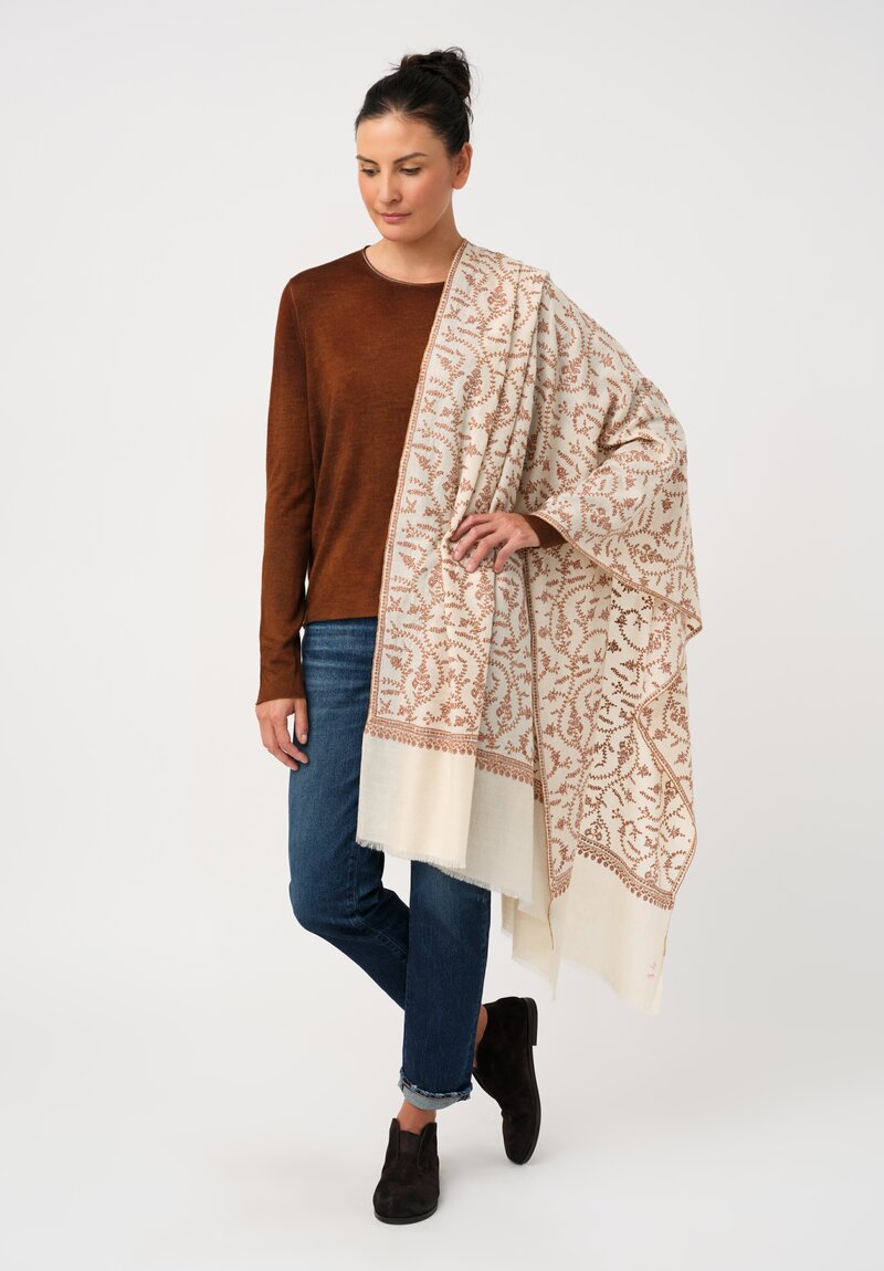 Yaser Shaw Cashmere Kashmiri Embroidered Scarf in Cream & Paisley Vine Forest