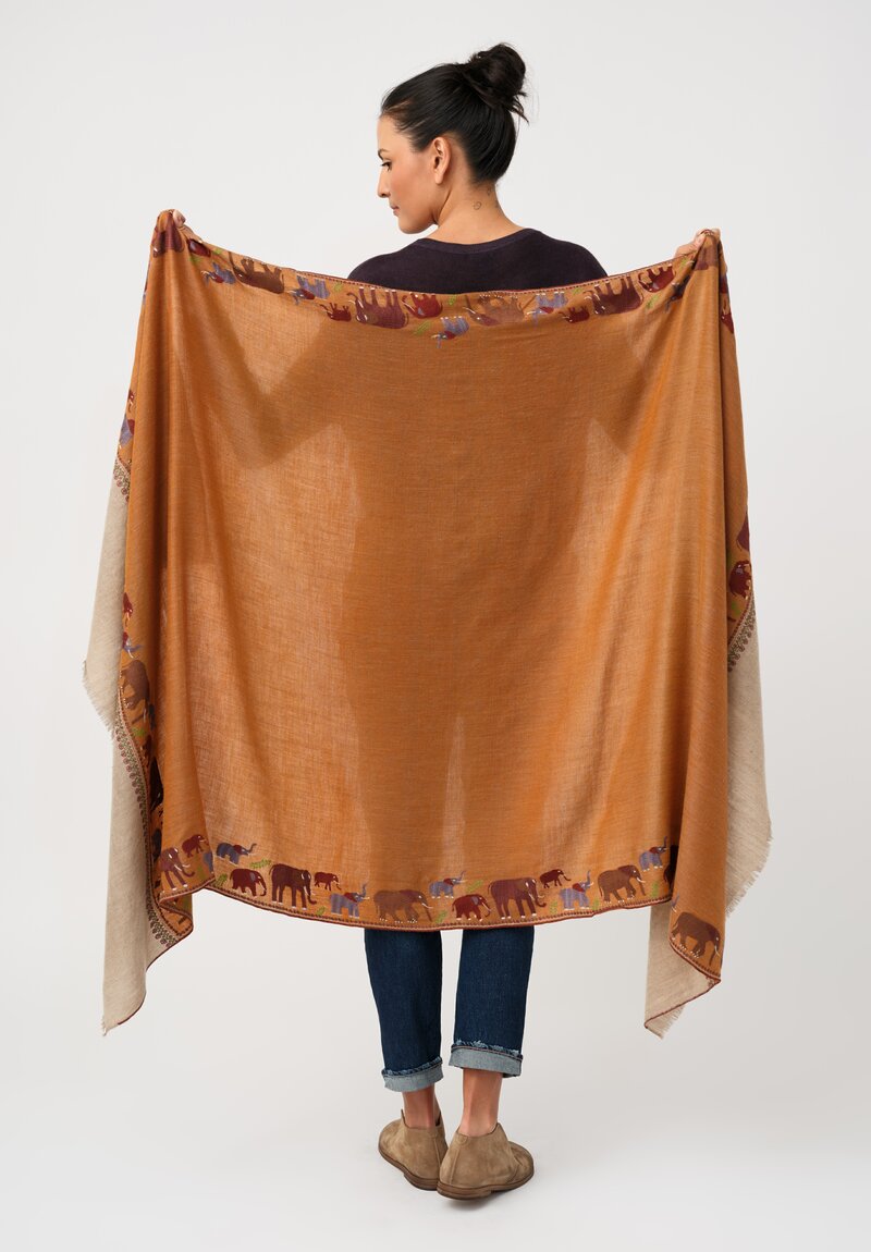 Yaser Shaw Cashmere Kashmiri Embroidered Scarf in Sepia Orange Elephant Parade