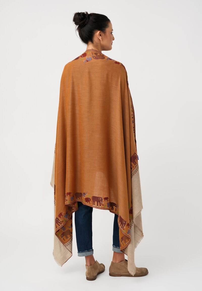 Yaser Shaw Cashmere Kashmiri Embroidered Scarf in Sepia Orange Elephant Parade
