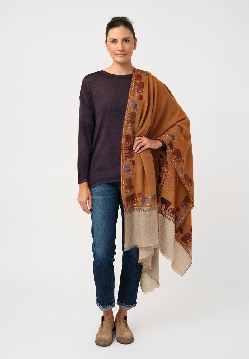 Yaser Shaw Cashmere Kashmiri Embroidered Scarf in Sepia Orange Elephant Parade