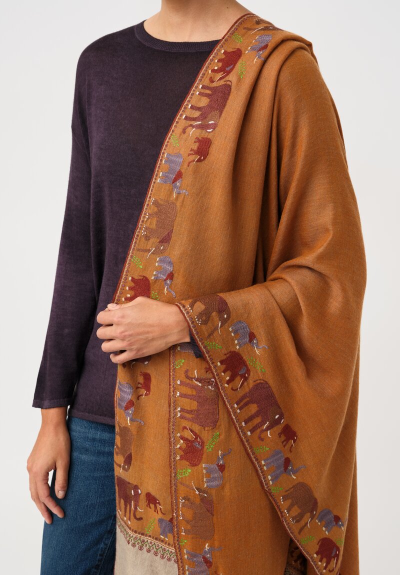 Yaser Shaw Cashmere Kashmiri Embroidered Scarf in Sepia Orange Elephant Parade