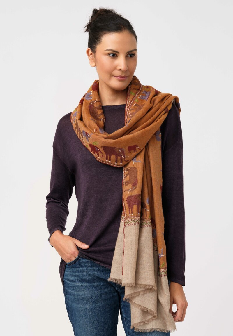 Yaser Shaw Cashmere Kashmiri Embroidered Scarf in Sepia Orange Elephant Parade