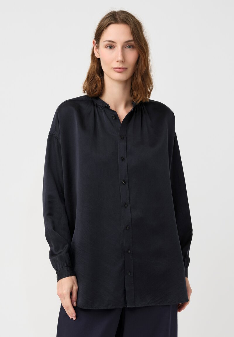 Arts & Science Silk Suede Band Collar Shirt in Navy Blue