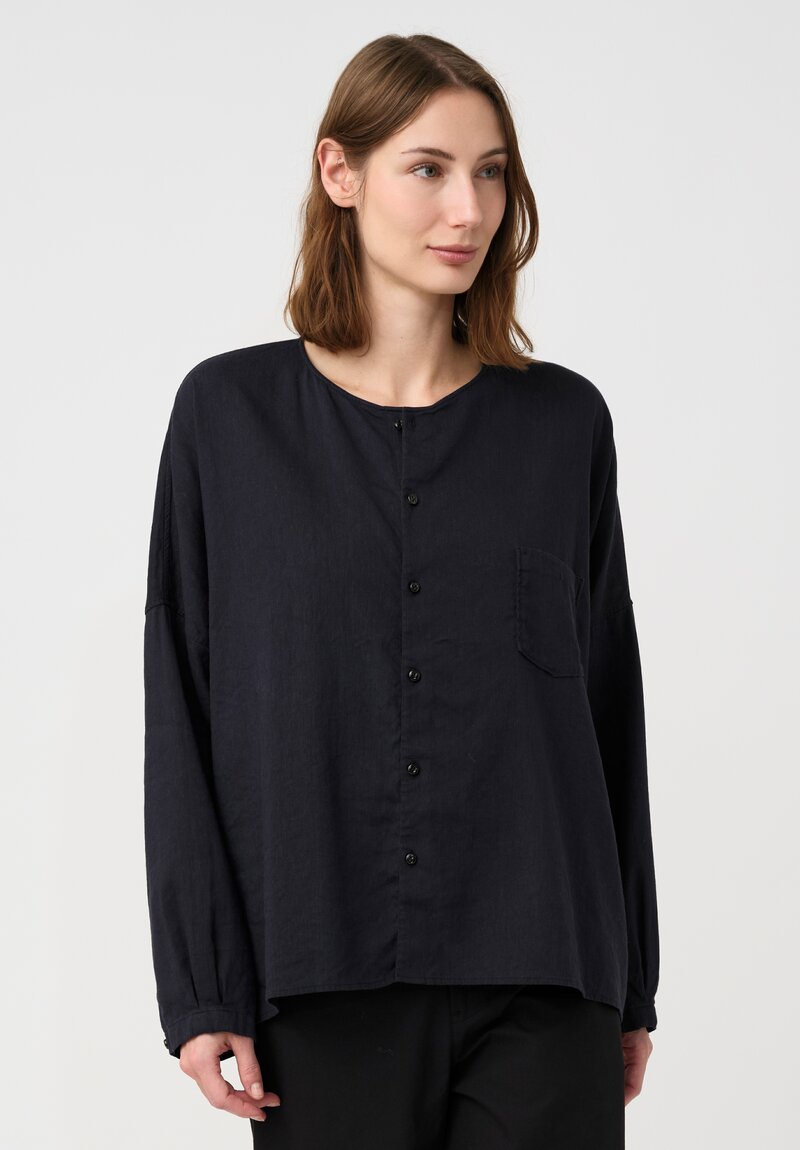Kaval Linen Crepe No Collar Wide Shirt