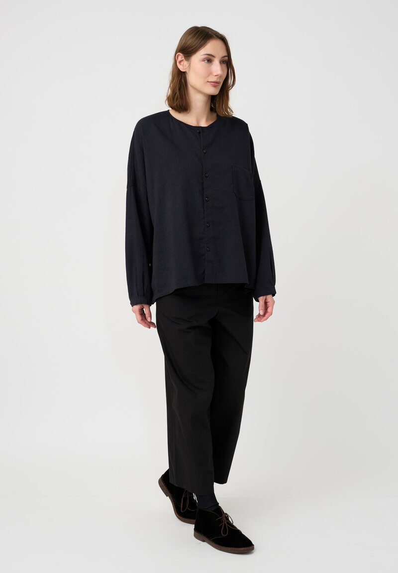 Kaval Linen Crepe No Collar Wide Shirt