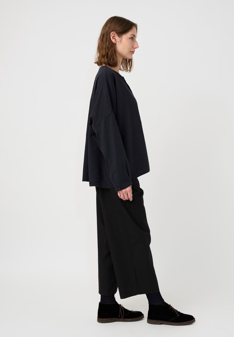 Kaval Linen Crepe No Collar Wide Shirt