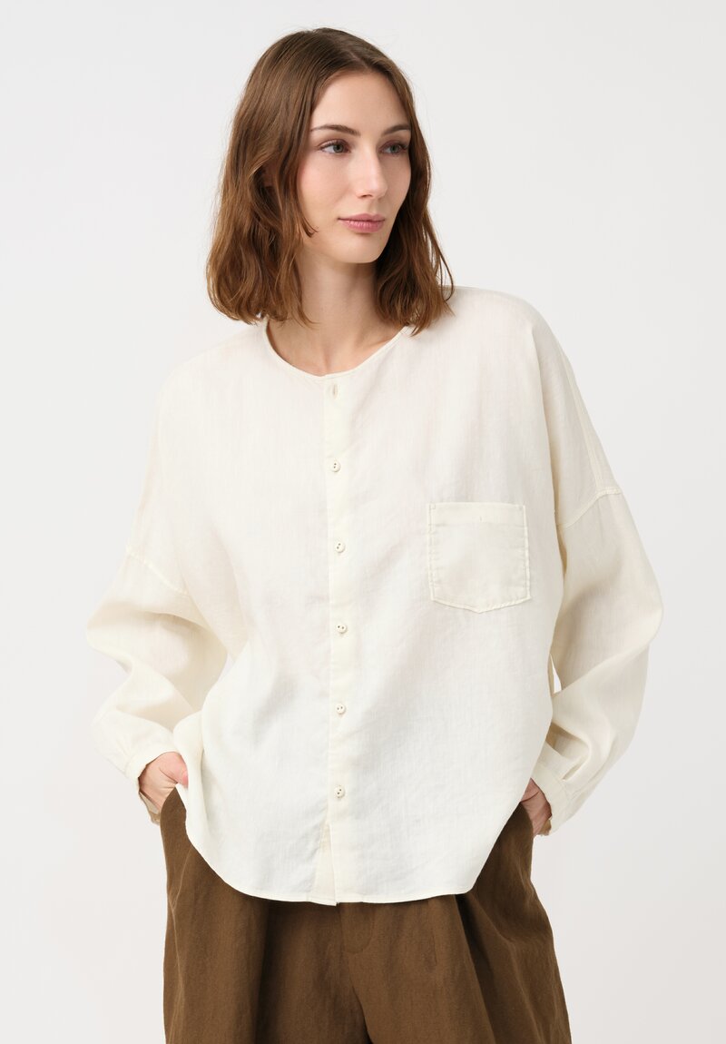 Kaval Linen Crepe No Collar Wide Shirt