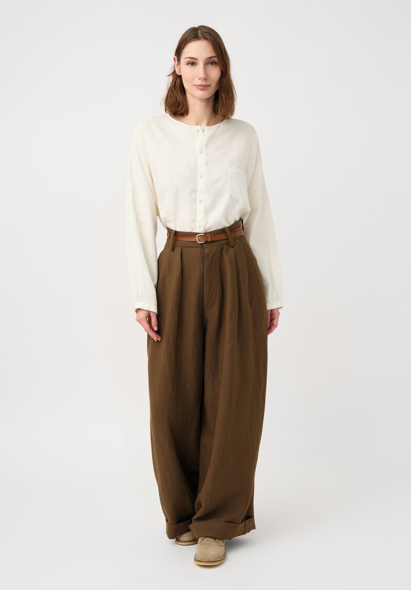 Kaval Linen Crepe No Collar Wide Shirt