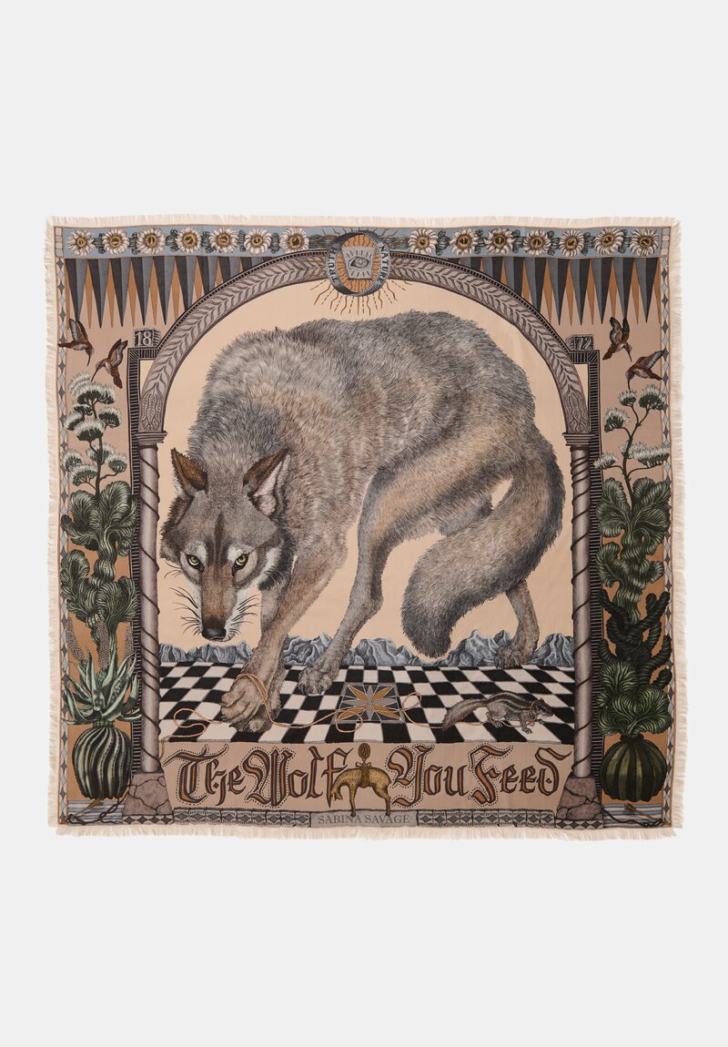 Sabina Savage Silk Twill The Wolf You Feed Square Scarf in Desert Natural