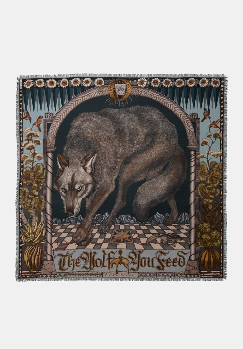 Sabina Savage Silk Twill The Wolf You Feed Square Scarf in Gunmetal Silver