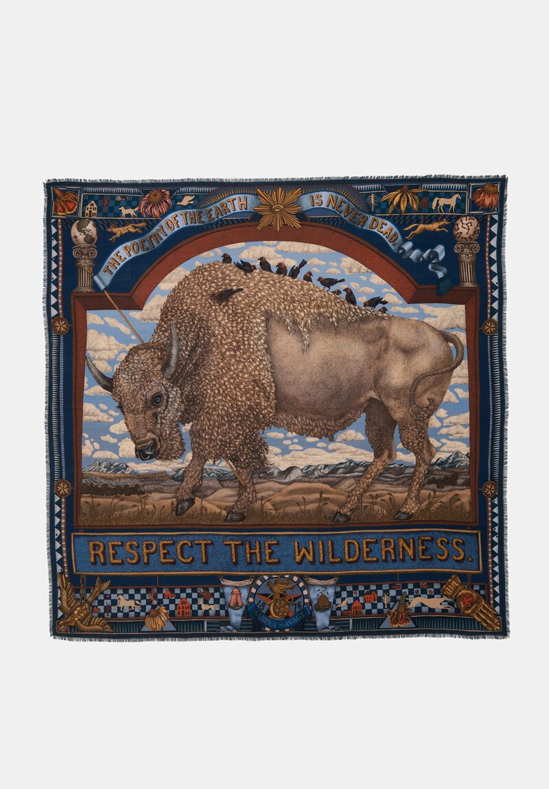 Sabina Savage Silk Blend Secrets of the Bison Square Scarf in Chambray Blue