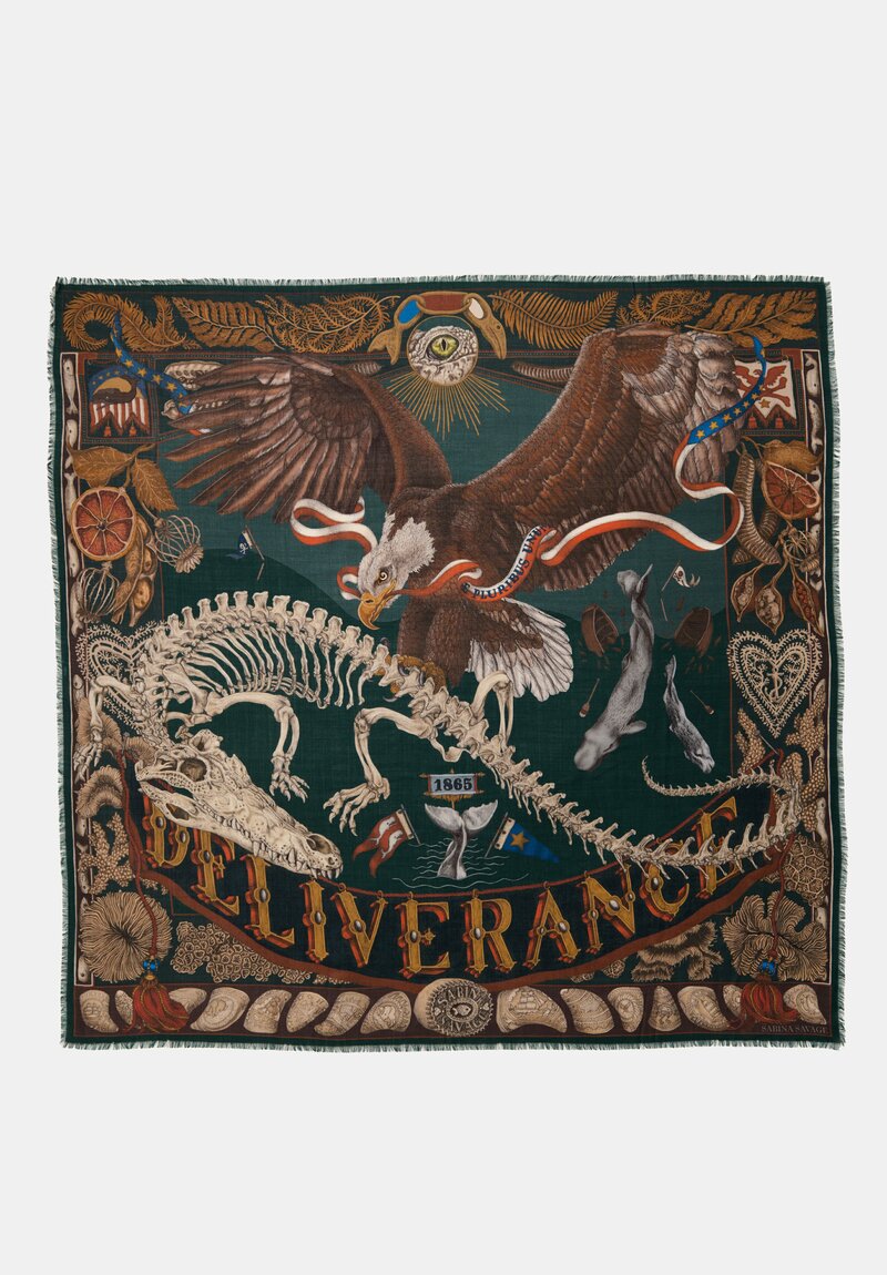 Sabina Savage Silk Blend Scrimshaw Skeleton Square Scarf in Canvas & Kelp Green