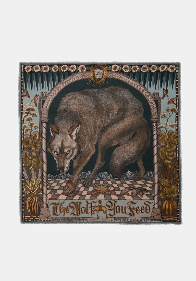 Sabina Savage Silk Blend The Wolf You Feed Square Scarf in Gunmetal Silver