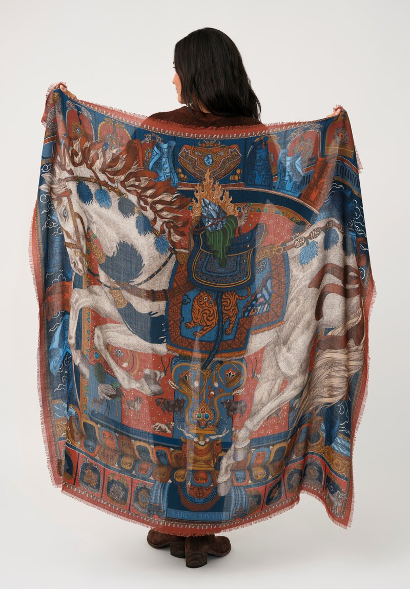 Sabina Savage Silk Blend Wind Horse Square Scarf in Madder Red & Sky Blue