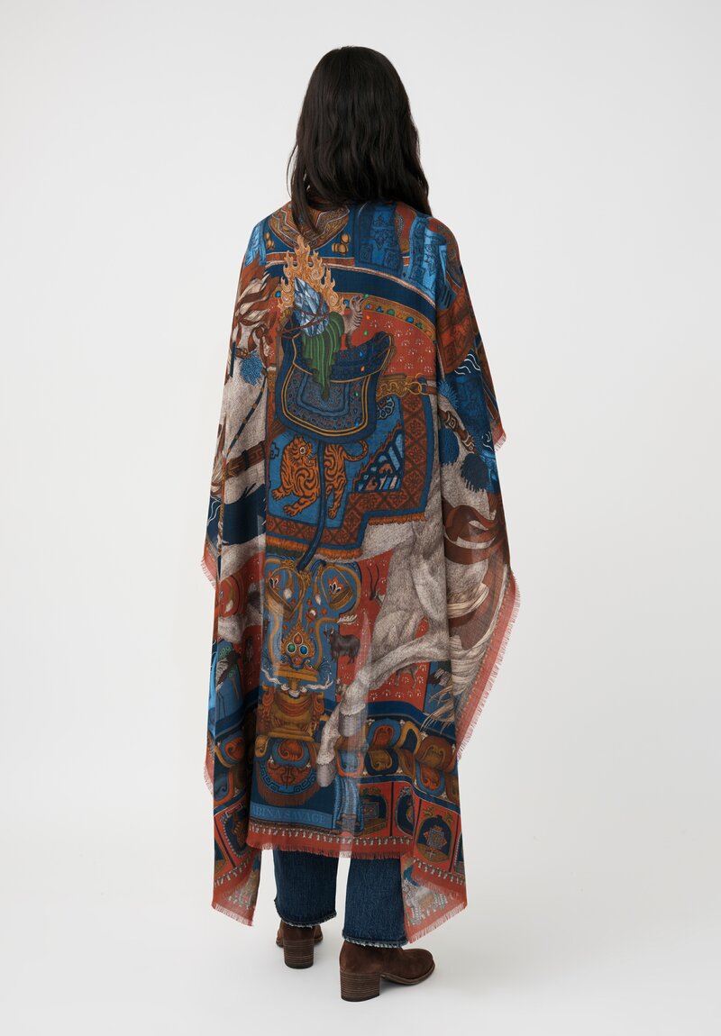 Sabina Savage Silk Blend Wind Horse Square Scarf in Madder Red & Sky Blue