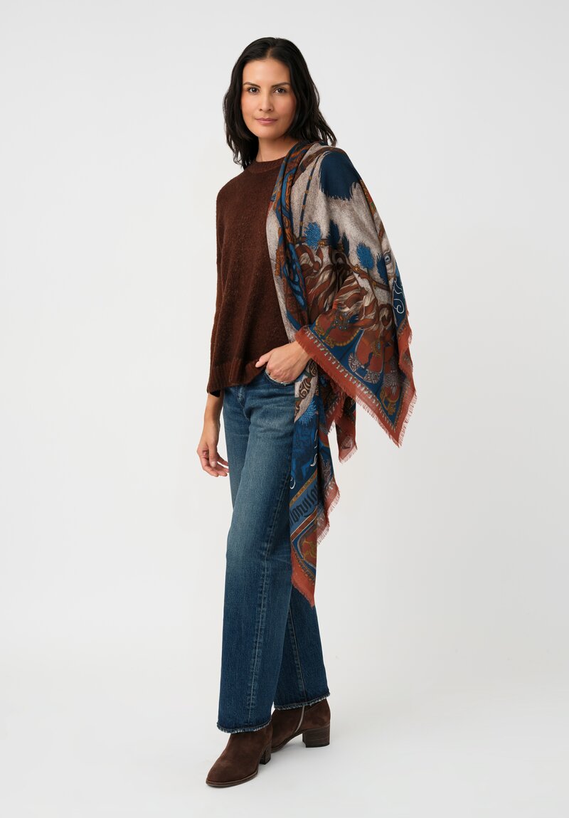 Sabina Savage Silk Blend Wind Horse Square Scarf in Madder Red & Sky Blue