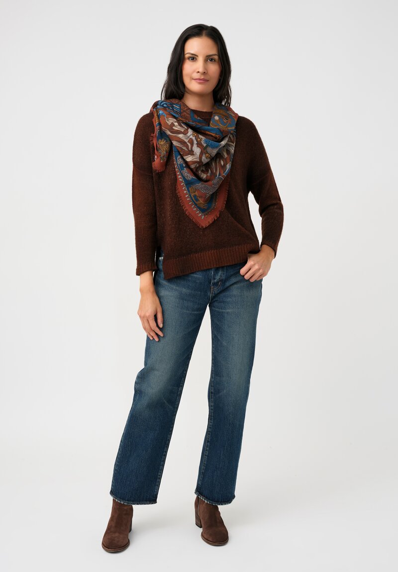 Sabina Savage Silk Blend Wind Horse Square Scarf in Madder Red & Sky Blue