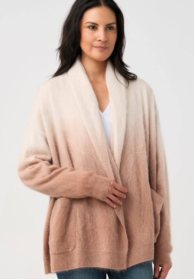 Iris Von Arnim Brushed Cashmere Kamelia Dip-Dye Cardigan in Alabaster & Rosewood Pink Ombré