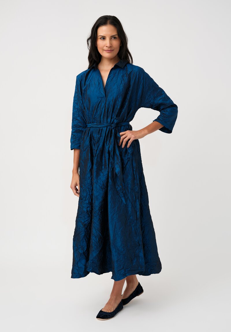 Daniela Gregis Washed Silk Spicchi Colletto Collared Dress in Petrol Blue
