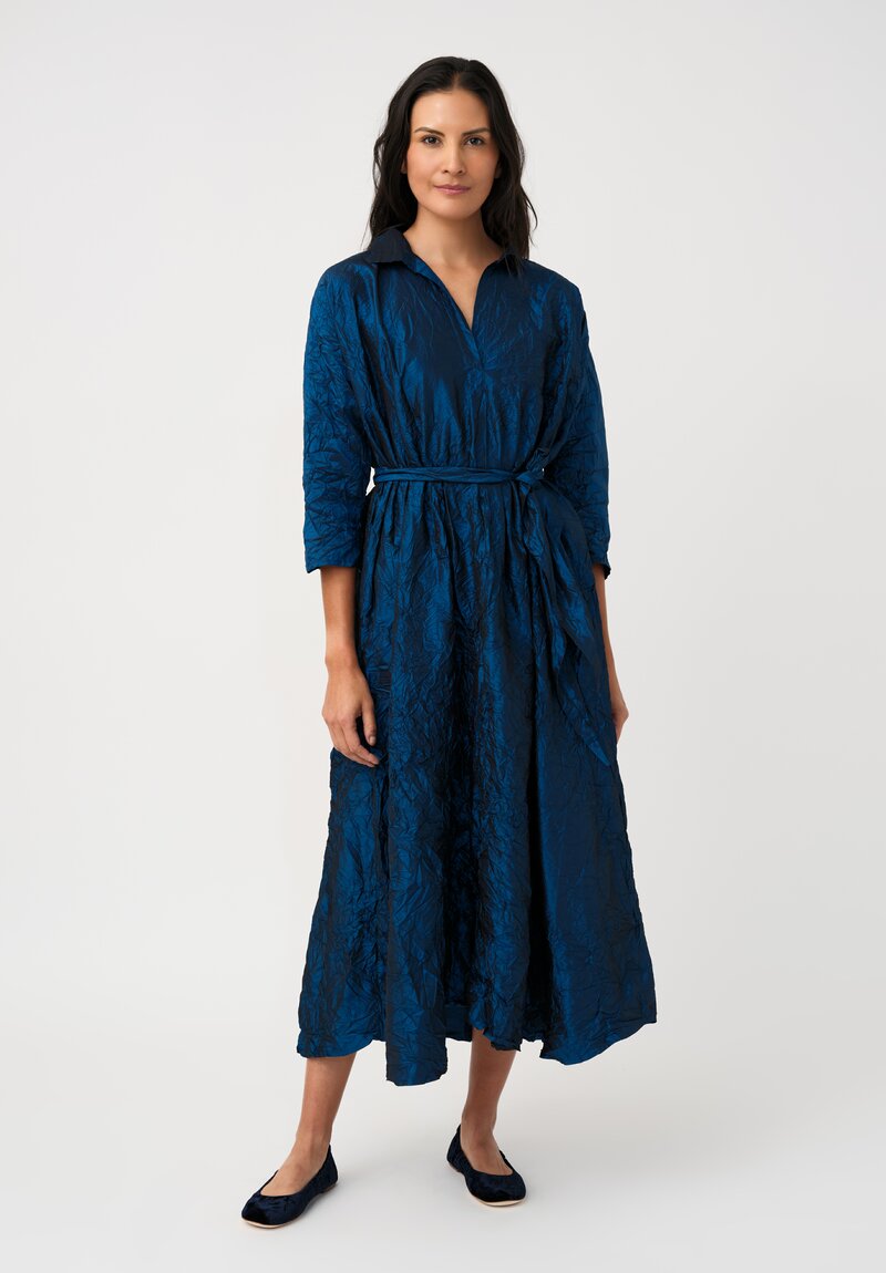 Daniela Gregis Washed Silk Spicchi Colletto Collared Dress in Petrol Blue