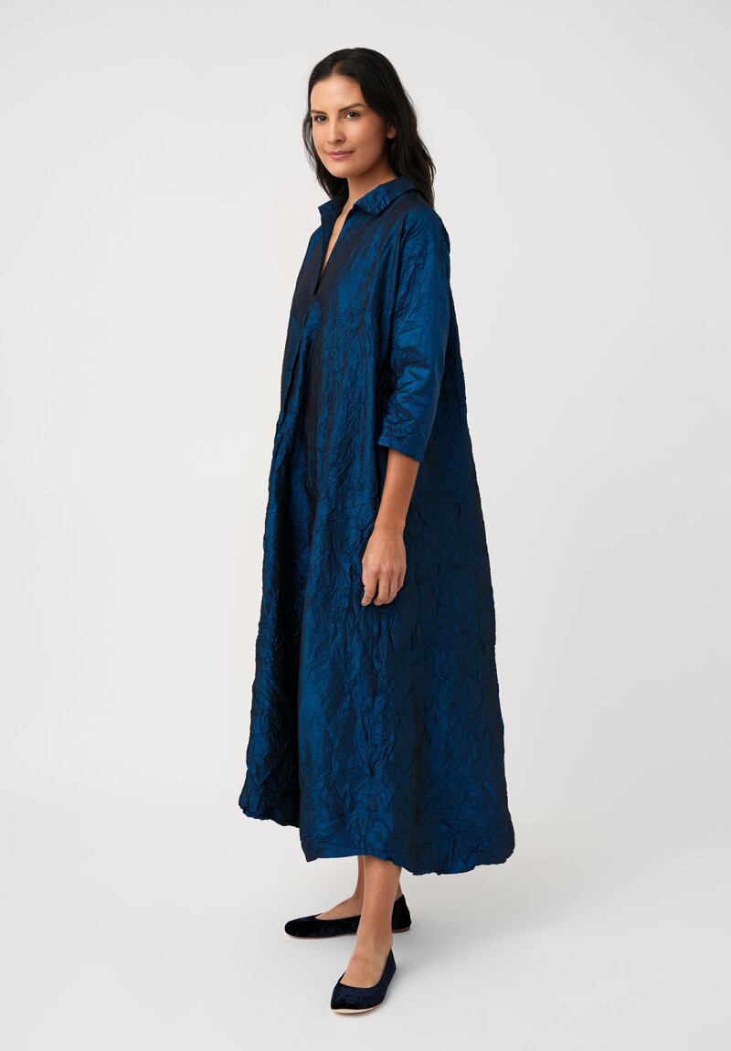 Daniela Gregis Washed Silk Spicchi Colletto Collared Dress in Petrol Blue