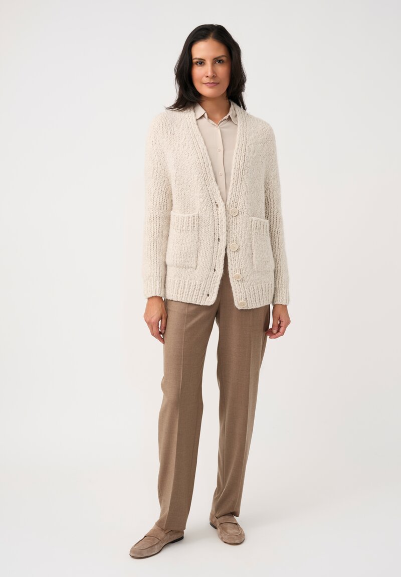 Wommelsdorff Hand-Knit Cashmere & Silk Luna Cardigan in Ivory & Latte Cream	