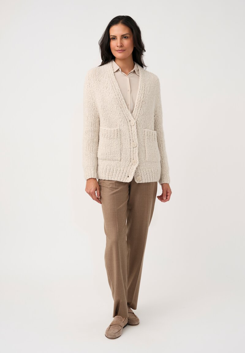 Wommelsdorff Hand-Knit Cashmere & Silk Luna Cardigan in Ivory & Latte Cream	