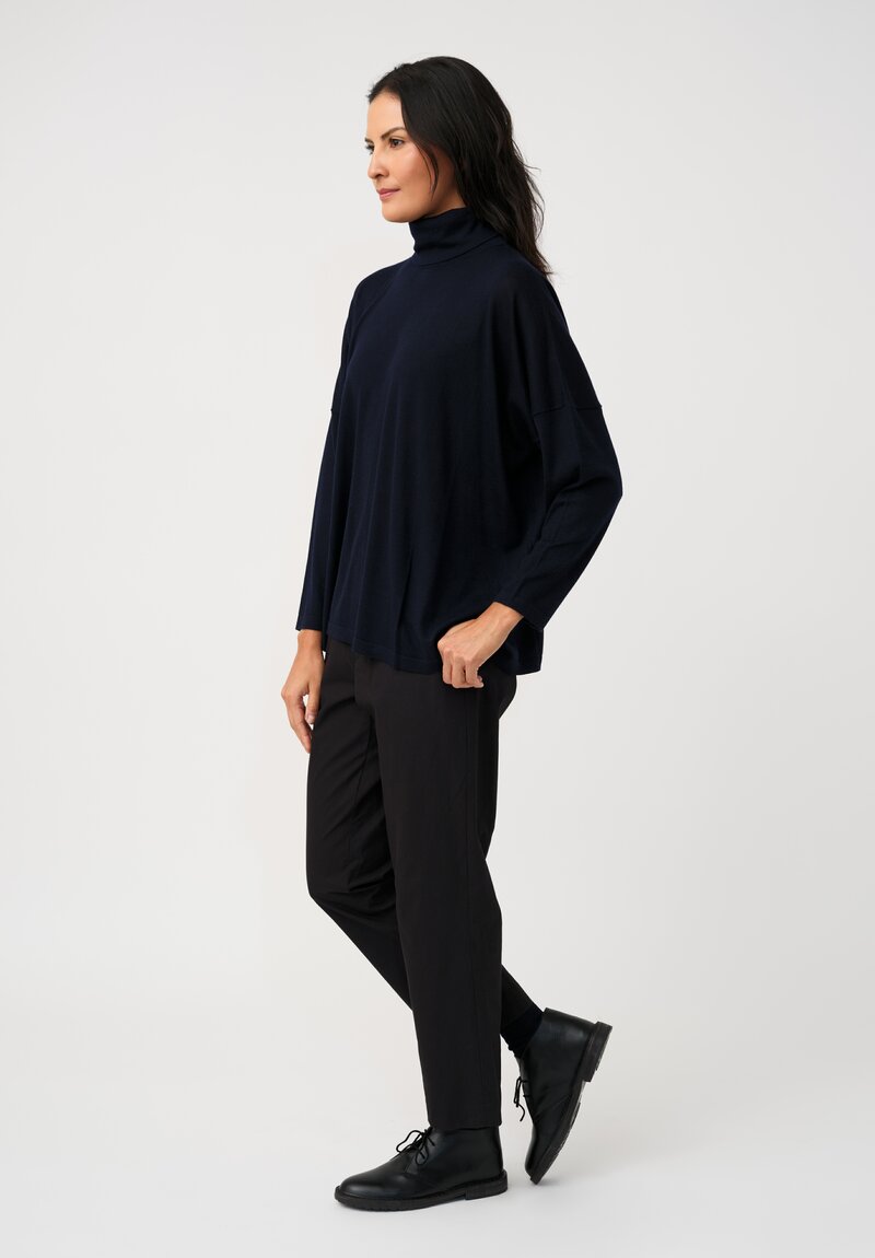 Eskandar Ultra Fine Cashmere Scrunch Neck Sweater in Dark Navy