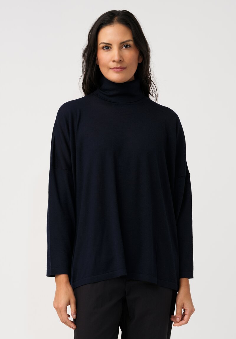 Eskandar Ultra Fine Cashmere Scrunch Neck Sweater in Dark Navy