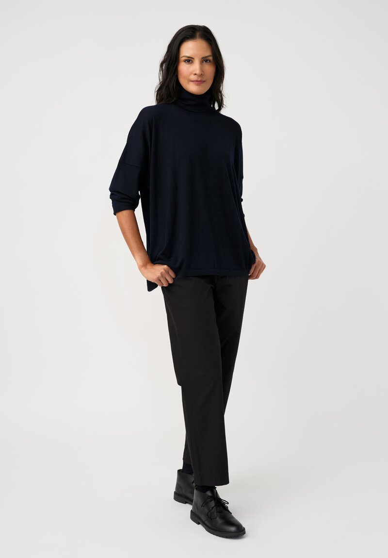 Eskandar Ultra Fine Cashmere Scrunch Neck Sweater in Dark Navy