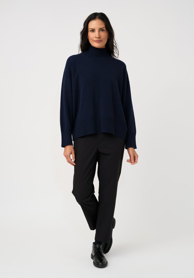 Eskandar Cashmere High Neck Ribbed Edge Sweater in Ink Navy