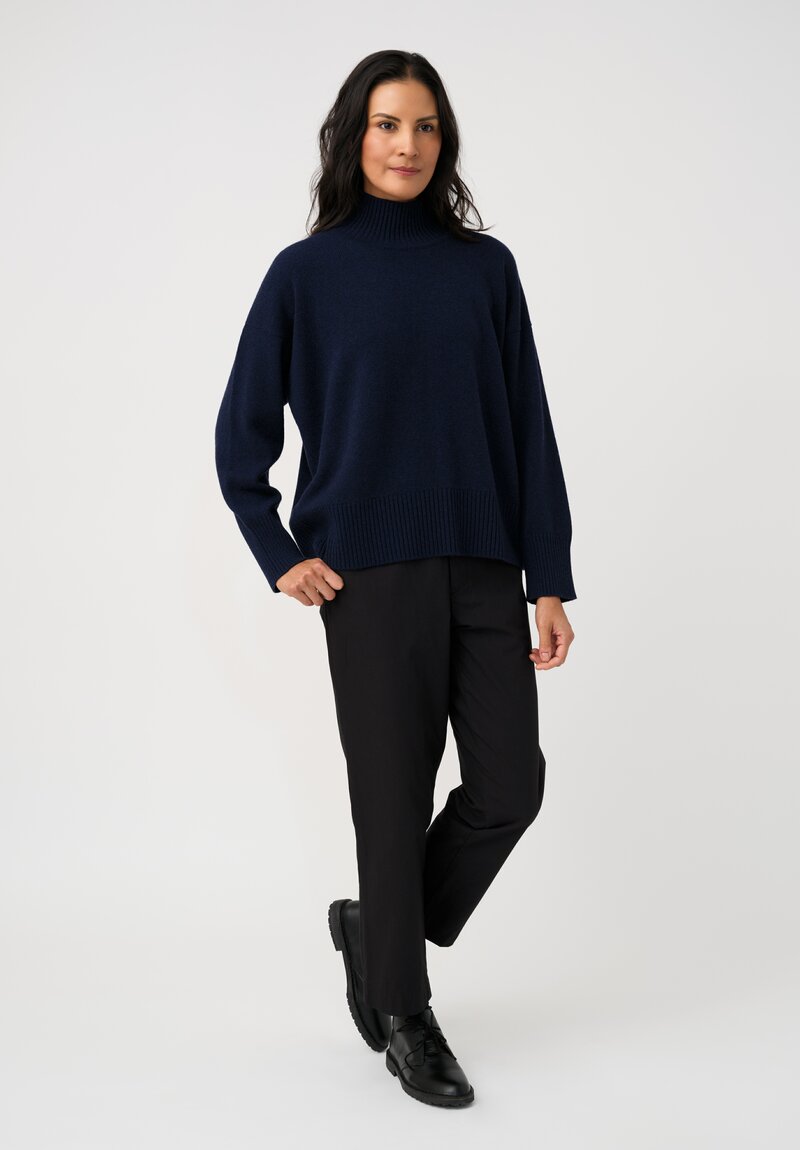Eskandar Cashmere High Neck Ribbed Edge Sweater in Ink Navy
